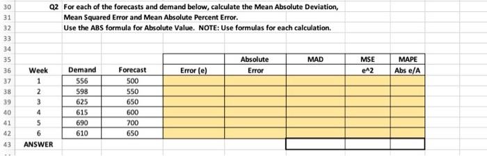 give me answers and excel formulas 30 31 Q2 For