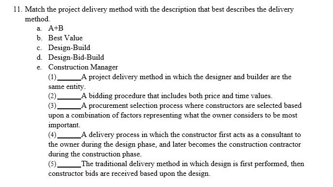 11. Match the project delivery method with the