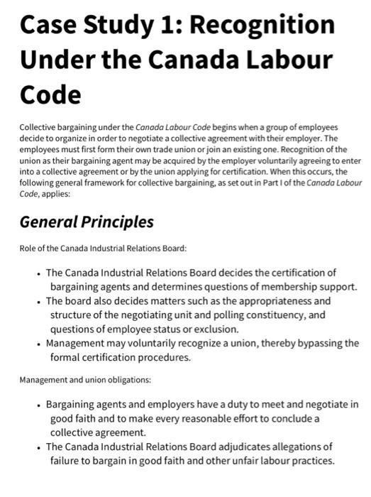 Case Study 1: Recognition Under the Canada Labour