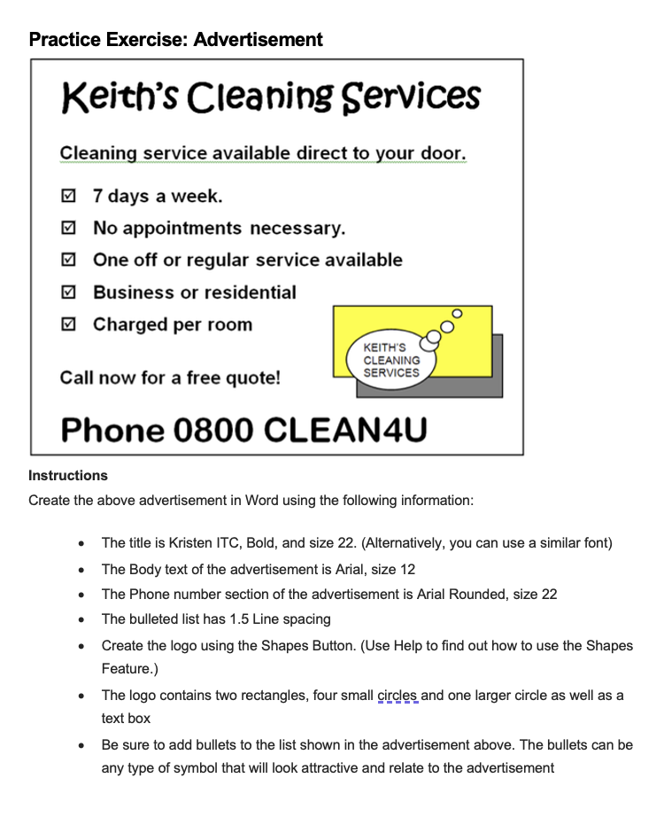 Practice Exercise: Advertisement Keith's Cleaning