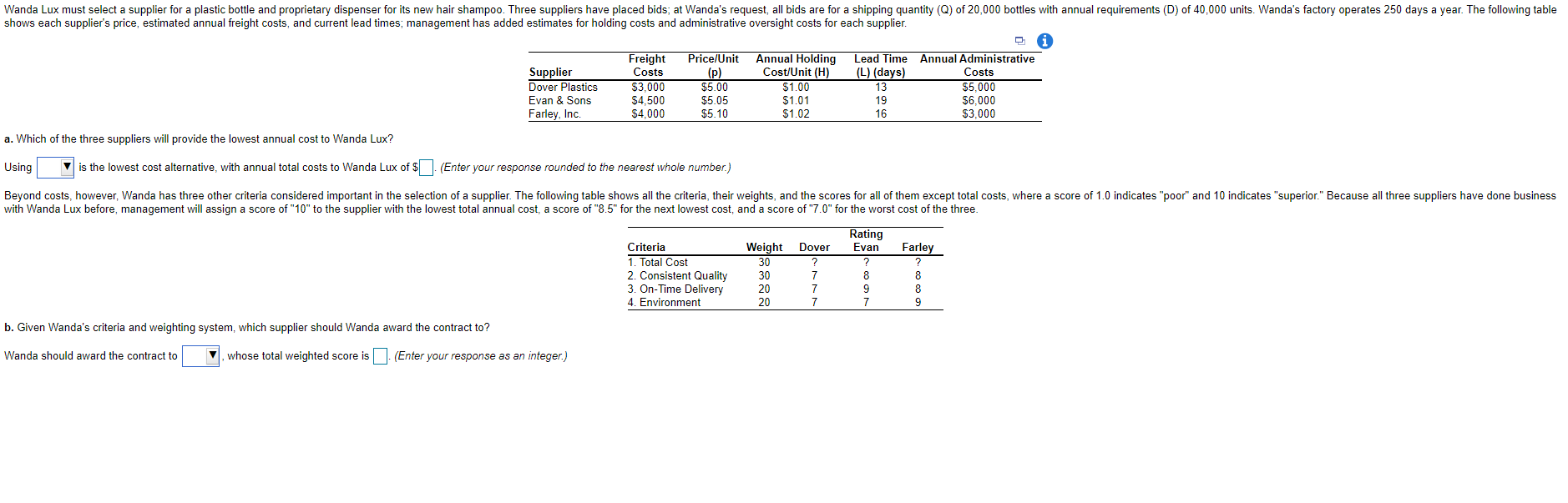 Wanda Lux must select a supplier for a plastic