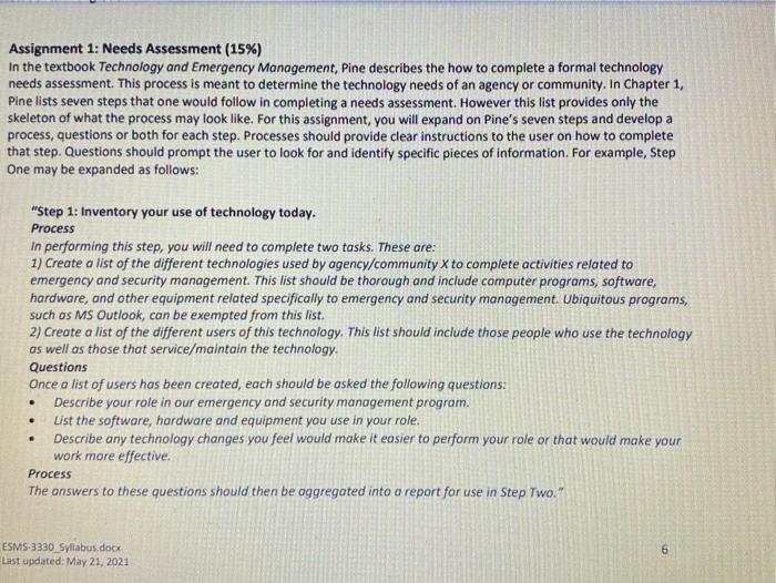 6 / 12 100% Assignment 1: Needs Assessment (15%)