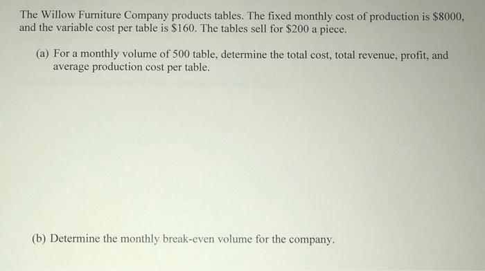 The Willow Furniture Company products tables. The