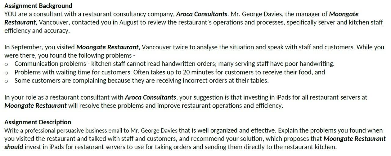 Assignment Background YOU are a consultant with a