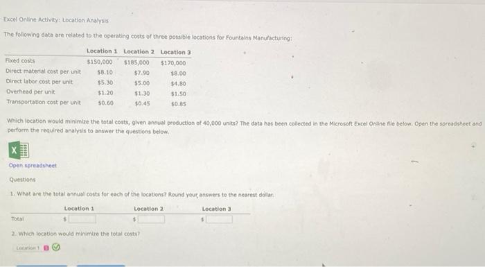 Excel Online Activity: Location Analysis The