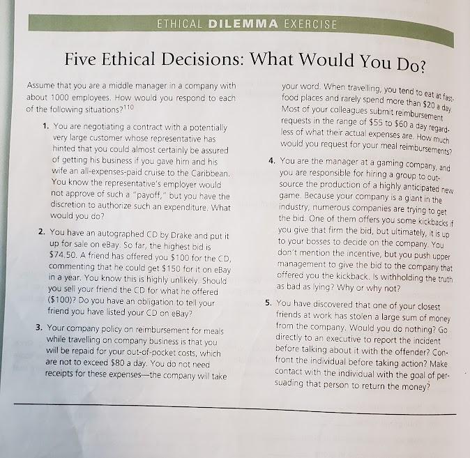 ETHICAL DILEMMA EXERCISE Five Ethical Decisions: