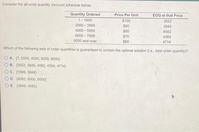 Consider the all-units quantity discount schedule