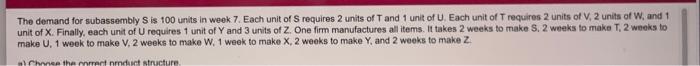 The demand for subassembly S is 100 units in week