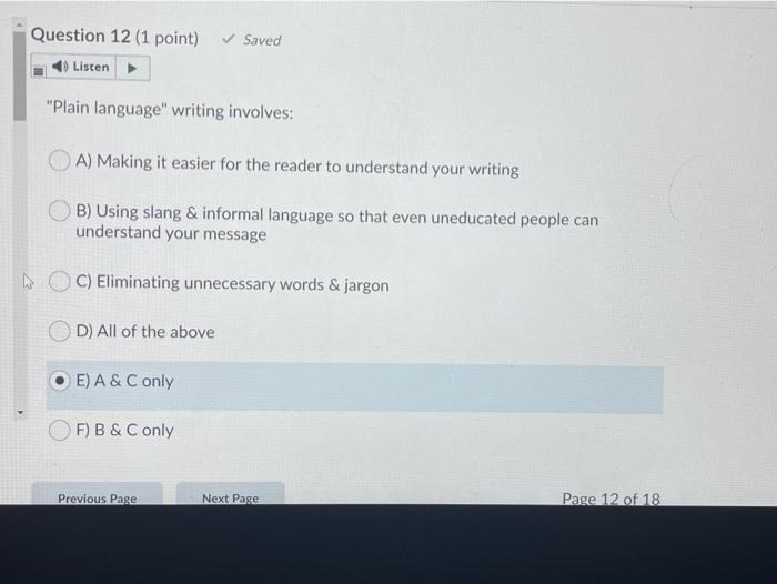 Question 12 (1 point) Listen Saved "Plain