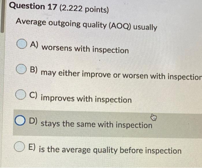 Question 17 (2.222 points) Average outgoing