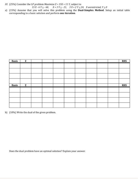 III. (25%) Consider the LP problem Maximize Z =