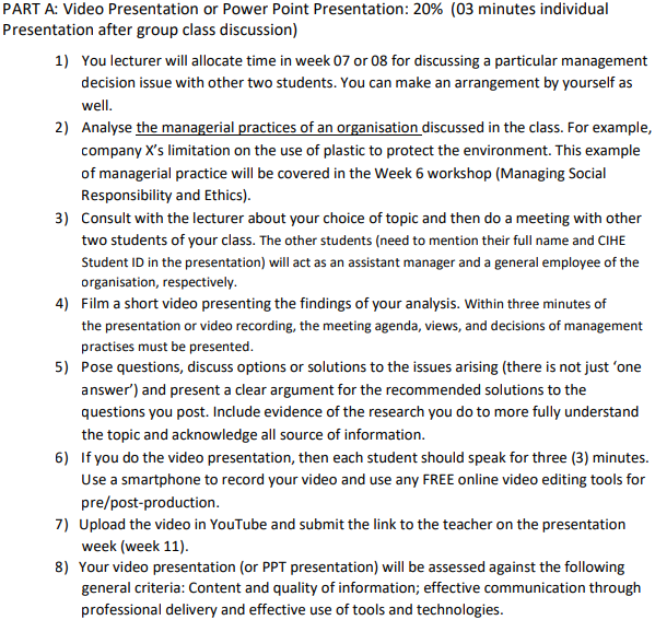 PART A: Video Presentation or Power Point