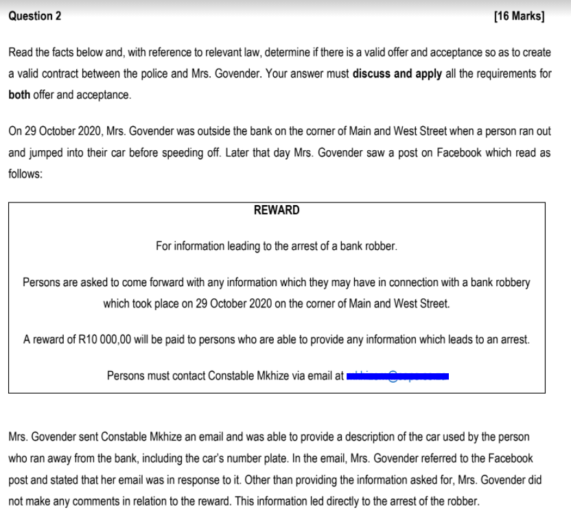 Question 2 [16 Marks] Read the facts below and,