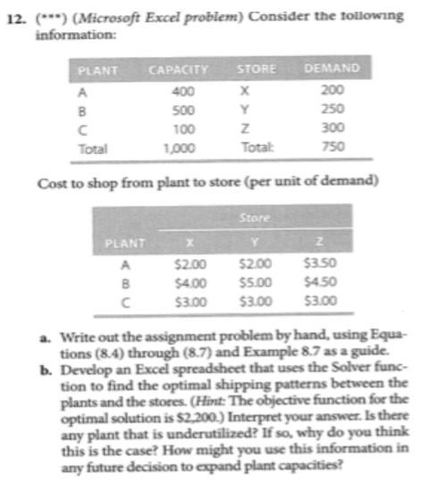 12. (***) (Microsoft Excel problem) Consider the