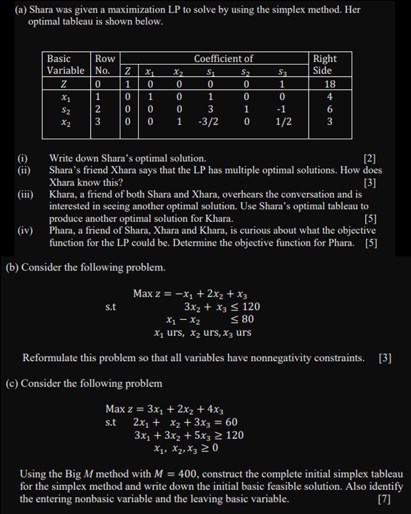 (a) Shara was given a maximization LP to solve by