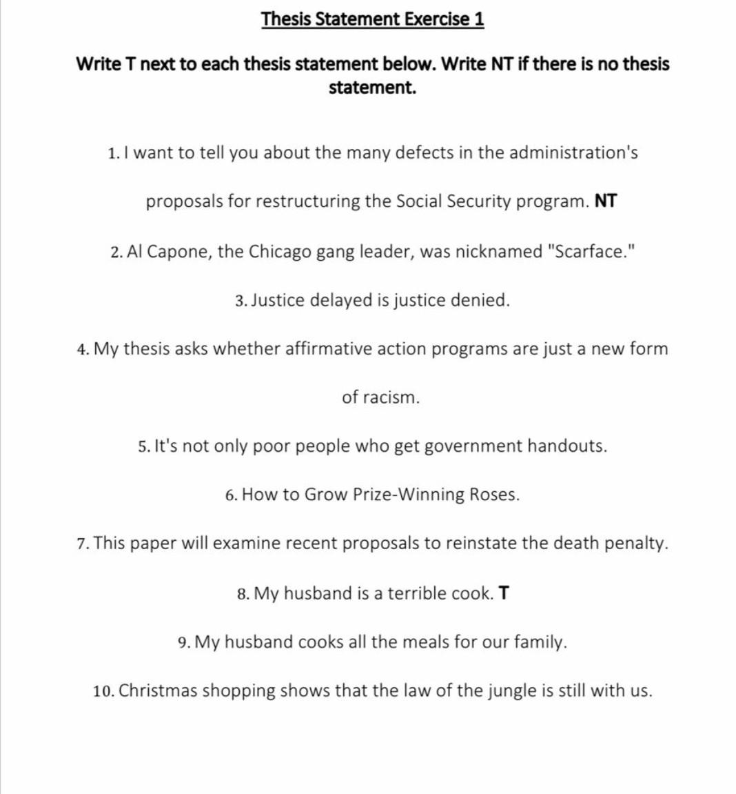 Thesis Statement Exercise 1 Write T next to each