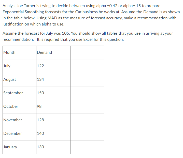 Please show all work including excel formulas.
