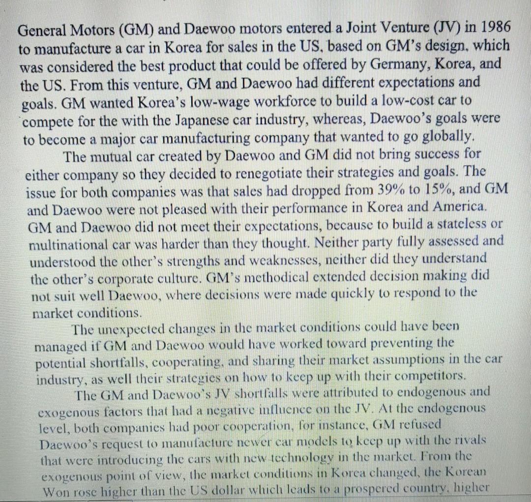 General Motors (GM) and Daewoo motors entered a
