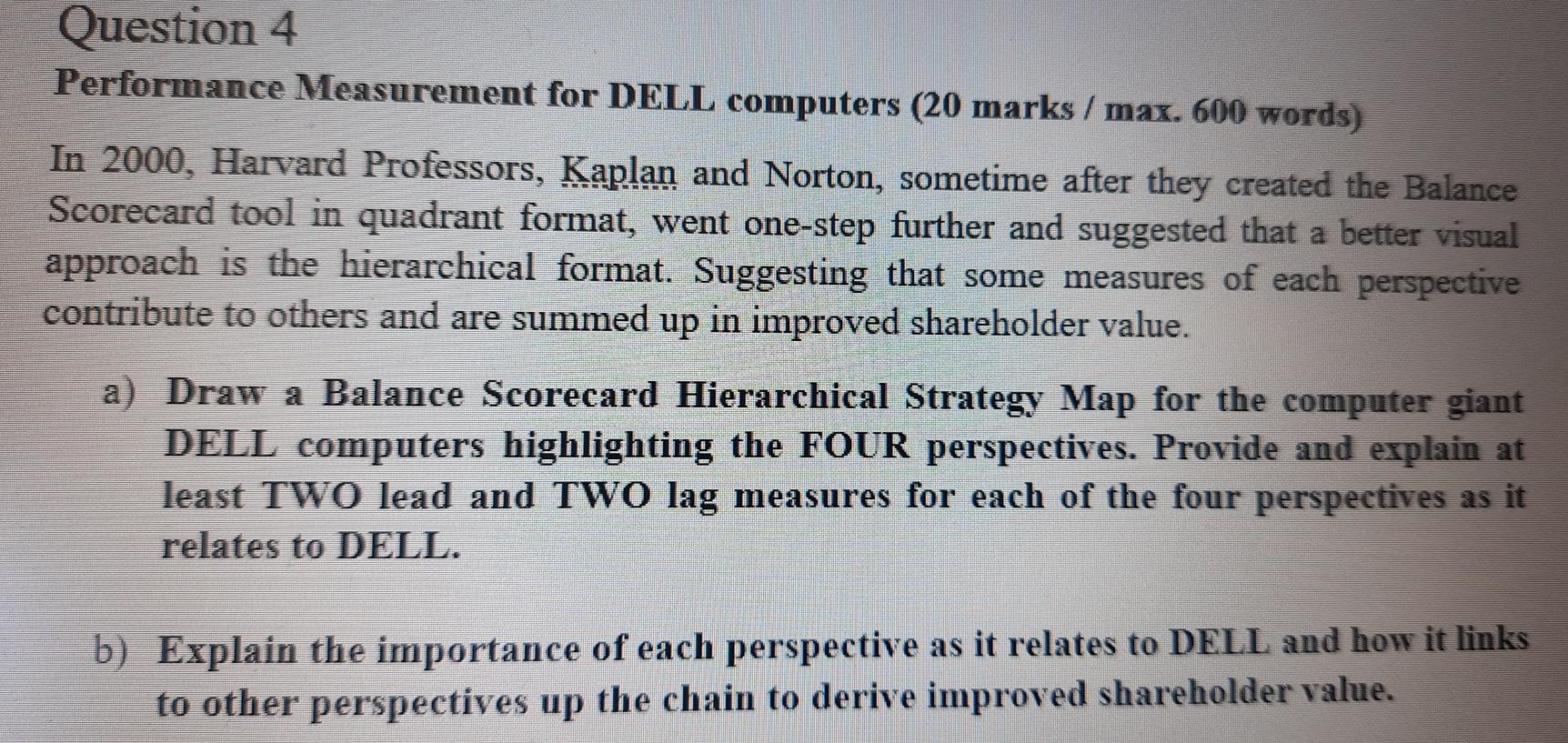 Question 4 Performance Measurement for DELL