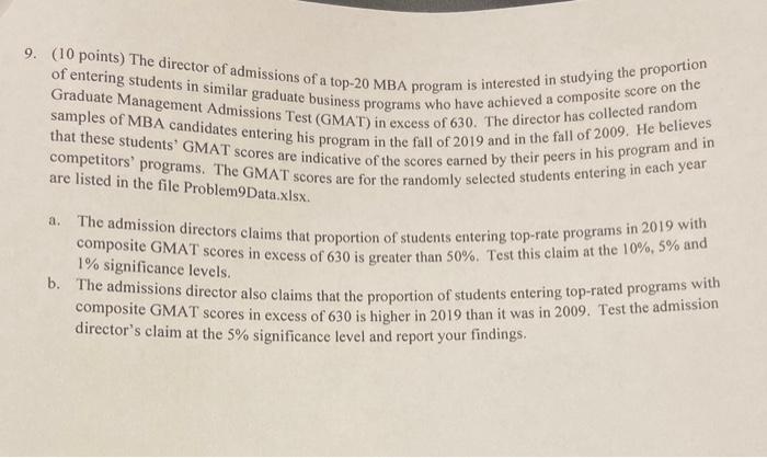 Using Stat Tools in Excel 9. (10 points) The