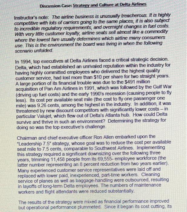 Discussion Case: Strategy and Culture at Delta