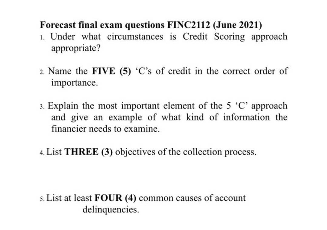 Forecast final exam questions FINC2112 (June