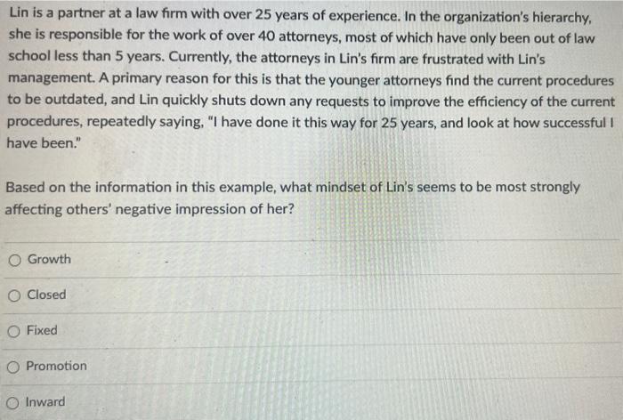 20 Lin is a partner at a law firm with over 25