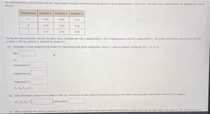 Hart Manufacturing makes three products. Each