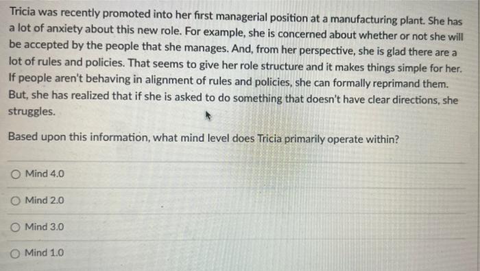 41 Tricia was recently promoted into her first