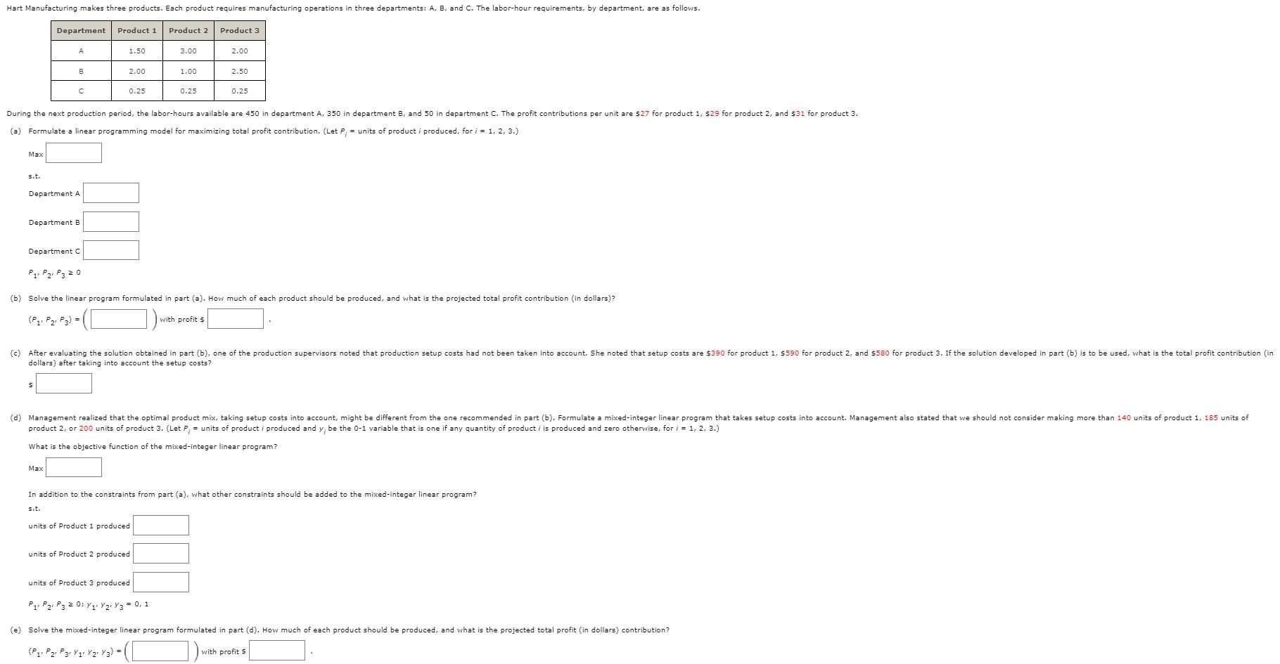 Hart Manufacturing makes three products. Each