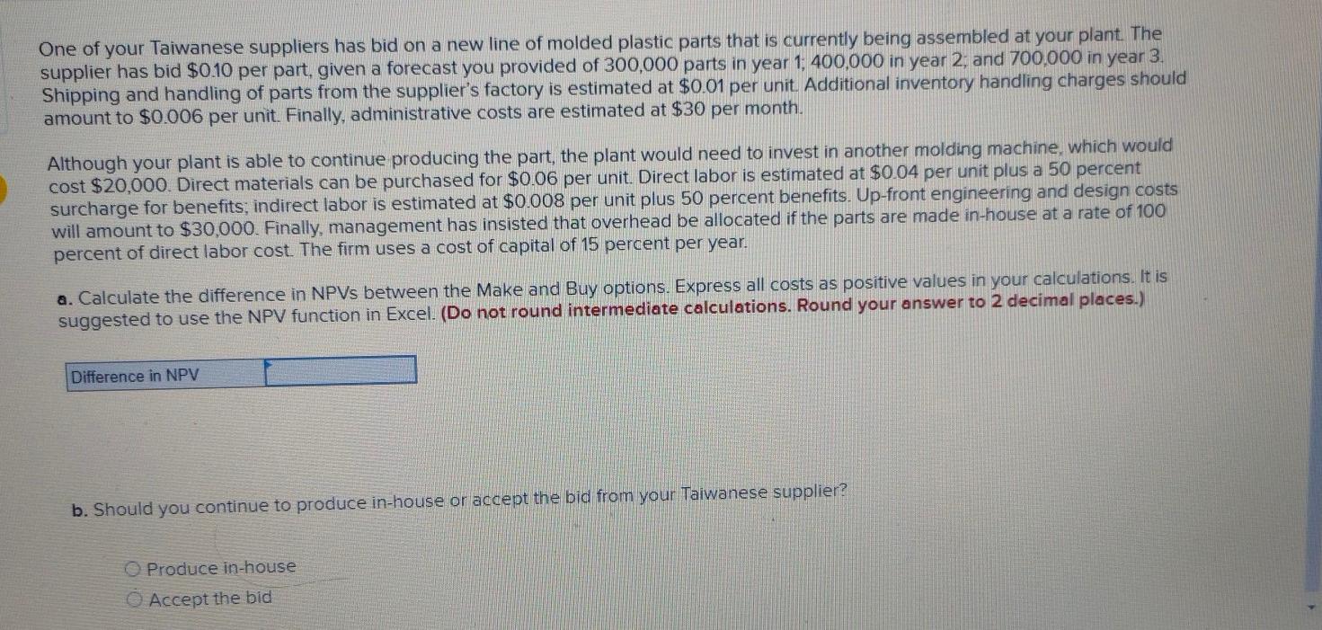 One of your Taiwanese suppliers has bid on a new