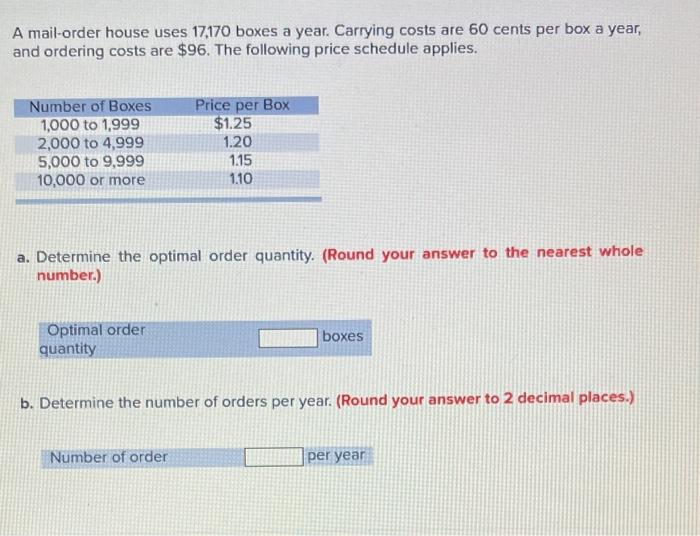 A mail-order house uses 17,170 boxes a year.