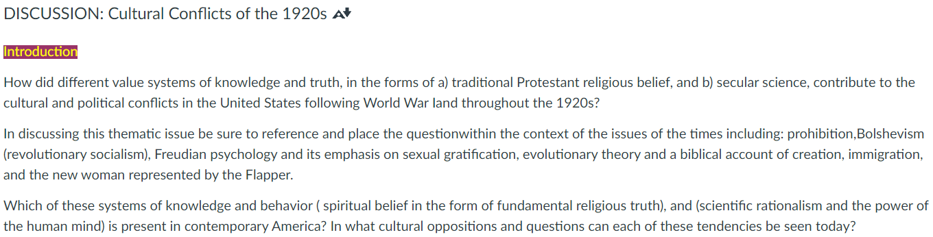 DISCUSSION: Cultural Conflicts of the 1920s A
