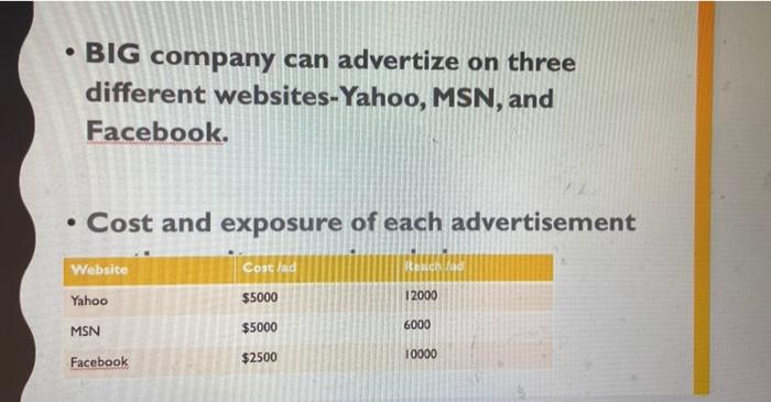 Please show work in excel BIG company can