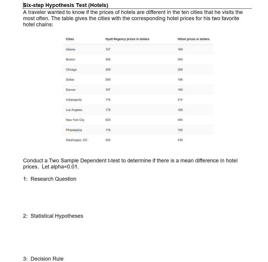 Six-step Hypothesis Test (Hotels) A traveler