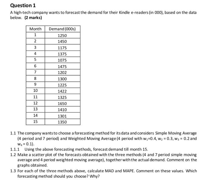 Question 1 A high-tech company wants to forecast