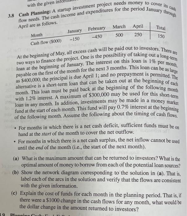 with the given in 3.8 Cash Planning: A startup