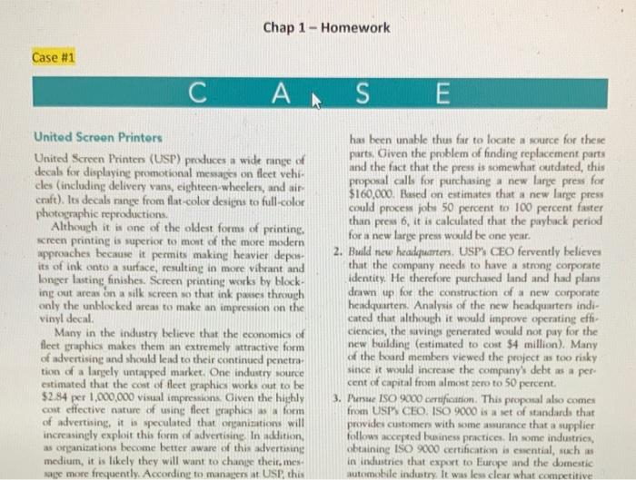 Chap 1 - Homework Case #1 C AAS E United Screen