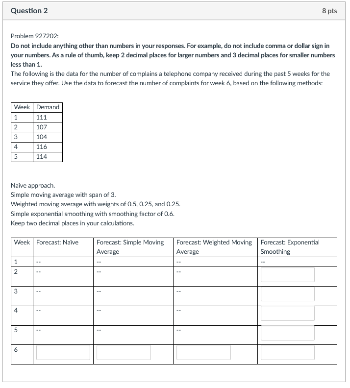 Question 2 8 pts Problem 927202: Do not include