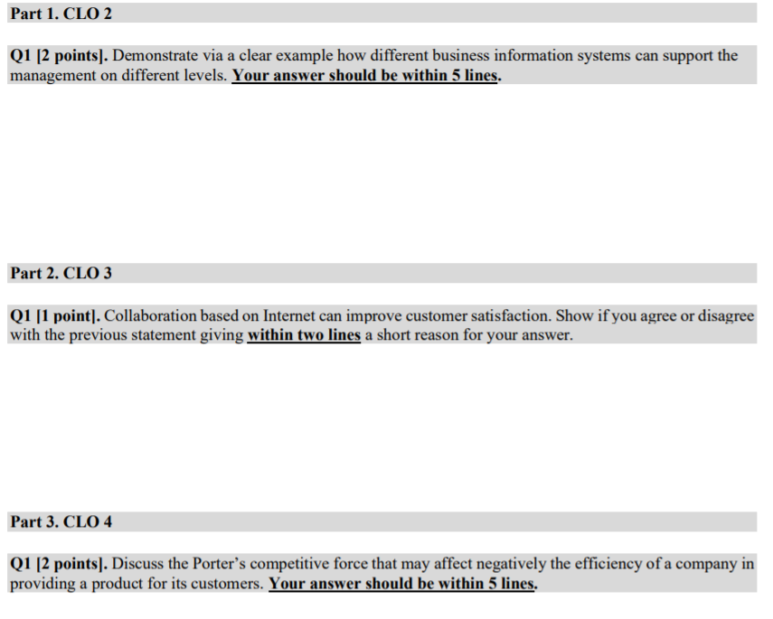 Part 1. CLO 2 Q1 [2 points). Demonstrate via a