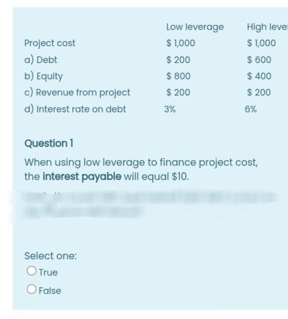 Low leverage $1,000 High leve $ 1,000 Project