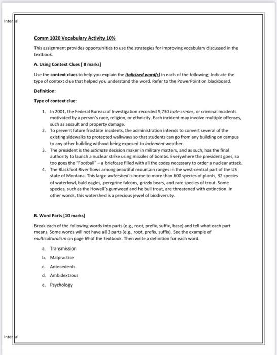 Intel Comm 1020 Vocabulary Activity 10% This