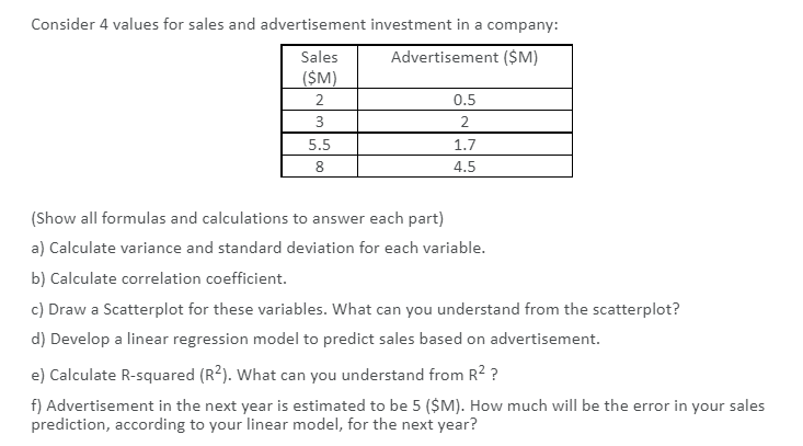 Consider 4 values for sales and advertisement