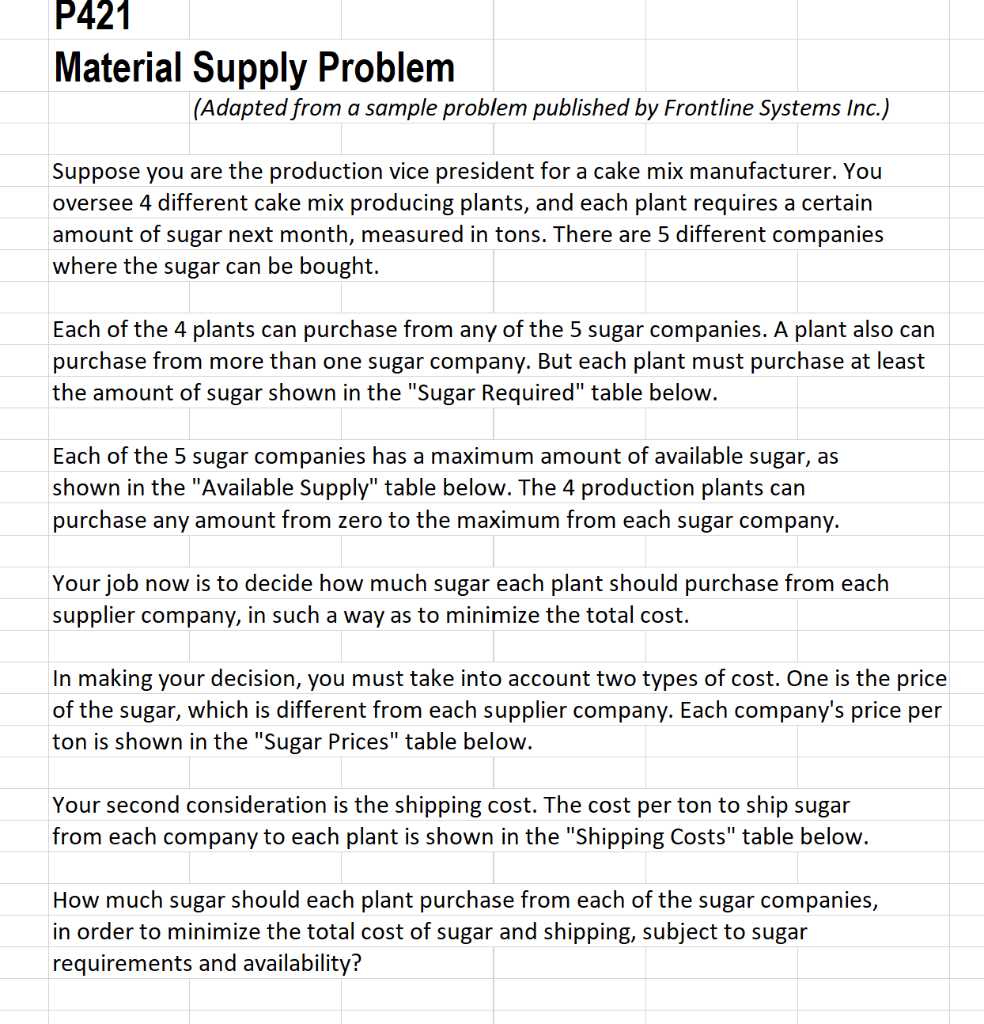 P421 Material Supply Problem (Adapted from a