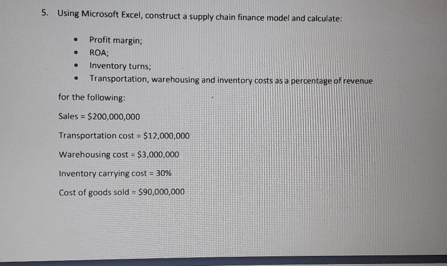 5. Using Microsoft Excel, construct a supply