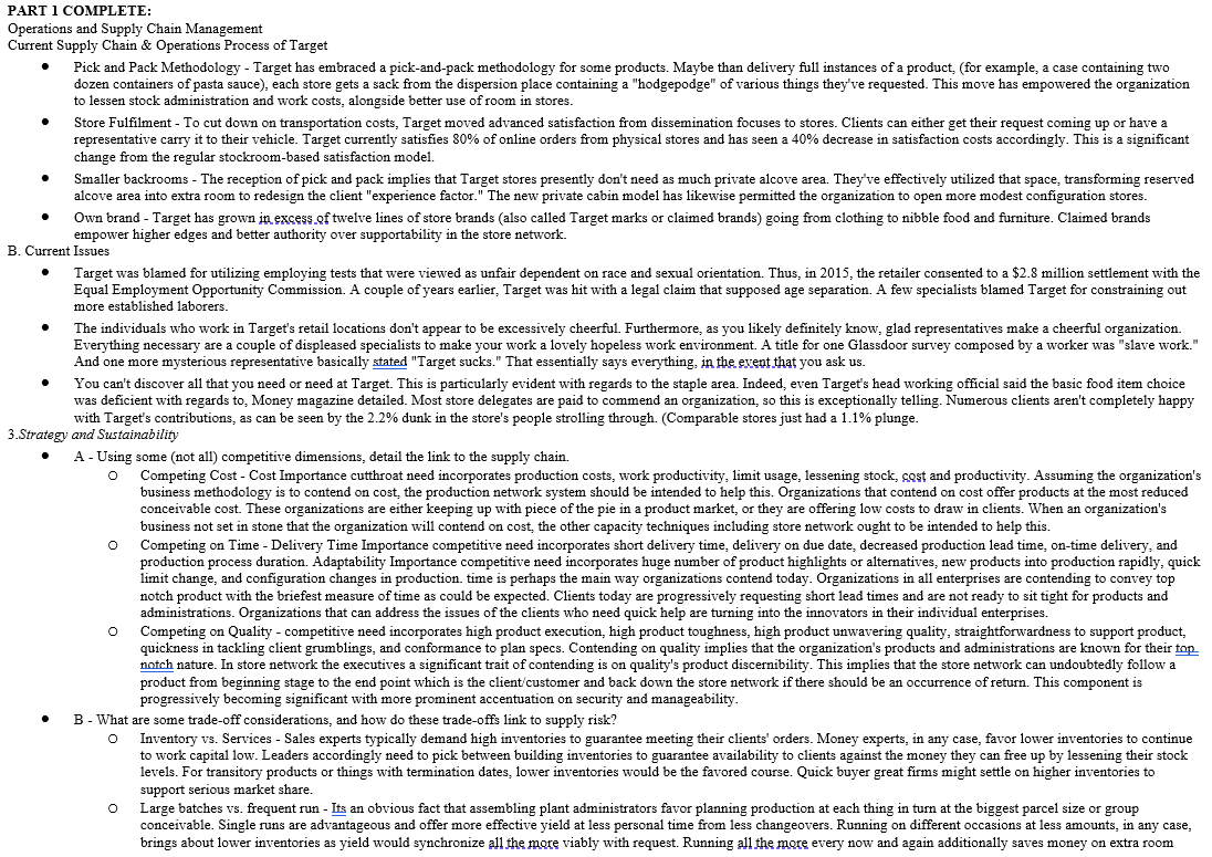 PART 1 COMPLETE: Operations and Supply Chain