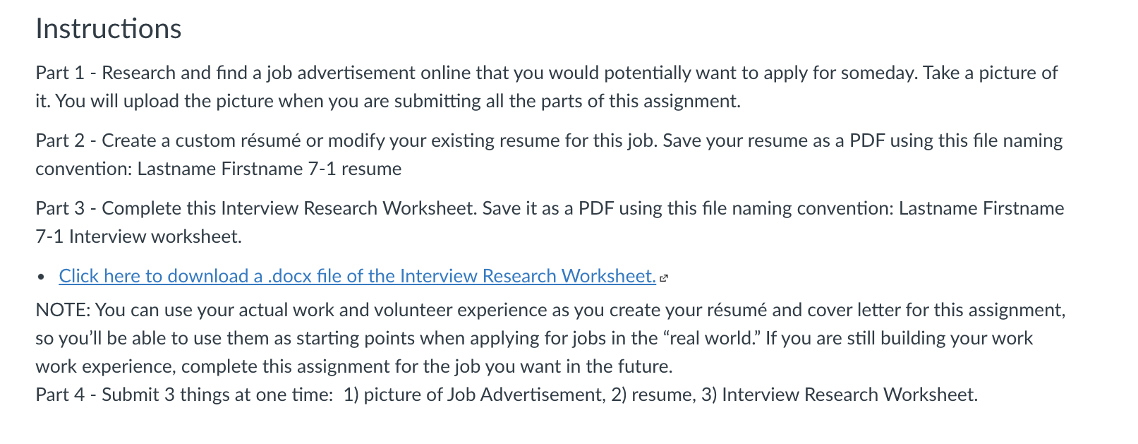 Instructions Part 1 - Research and find a job