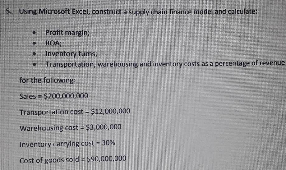5. Using Microsoft Excel, construct a supply