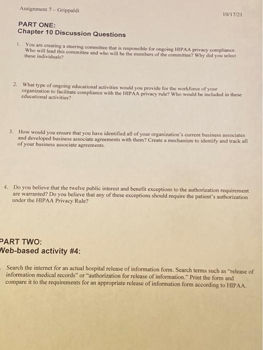 Assignment 7 - Grippaldi 10/17/21 PART ONE: