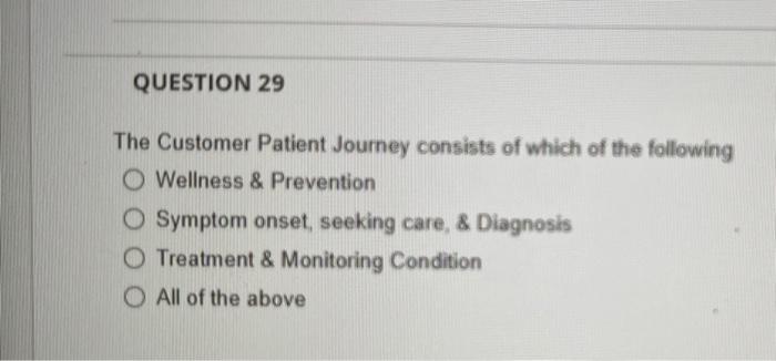 QUESTION 29 The Customer Patient Journey consists